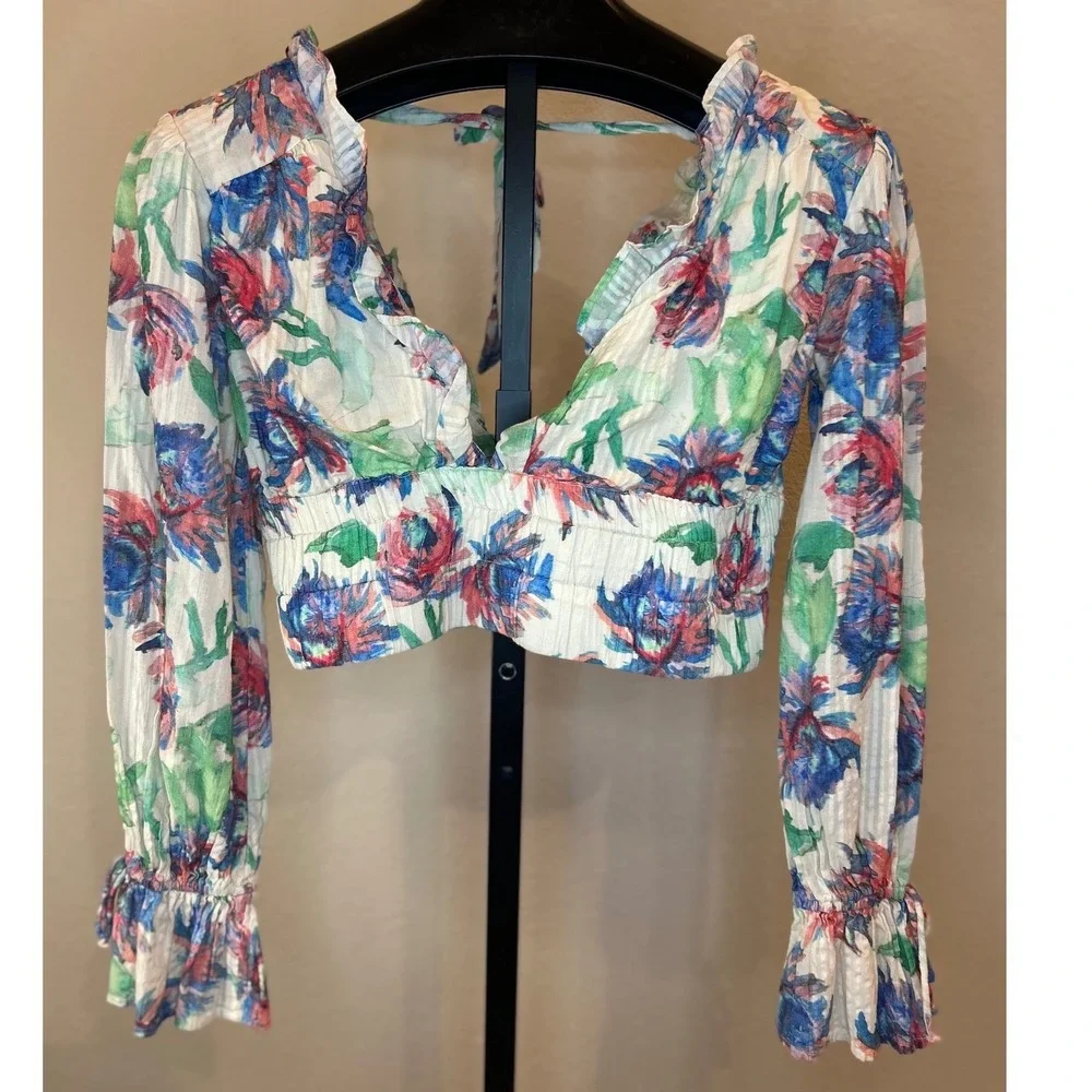 Anthropologie Floral Print Ruffle V Neck Cropped Long Sleeve Top Size S